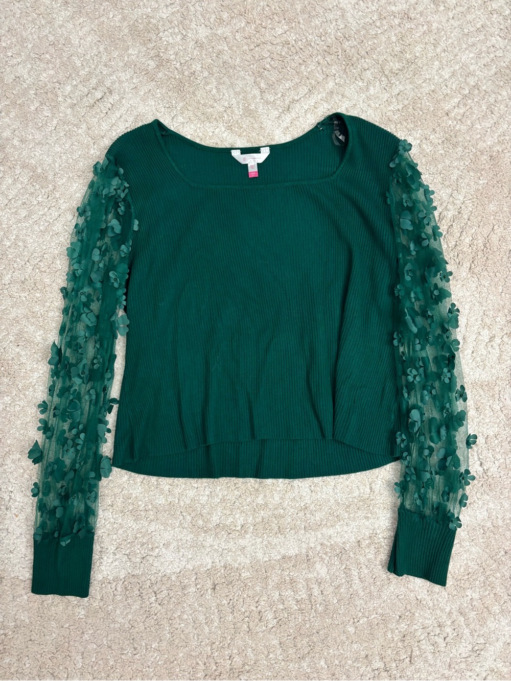 No Boundaries Dark Green Floral Appliqué Sleeve Sweater